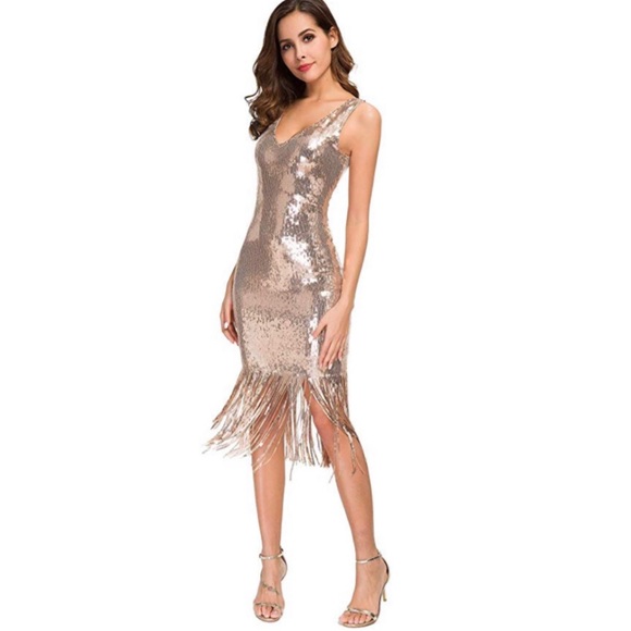 V Neck Sequin Glitter Bodycon Stretchy Club  Gowns - Picture 2 of 8